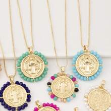 1pc Fashionable Retro Colorful Crystal Virgin Mary Pendant Necklace, Best Gift For Women Jewelry