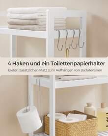Badezimmerregal für über die Toilette, aus Bambus, 3 Ebenen, Organizer für das Badezimmer, mit verstellbaren Einlegeböden, Belastung 15 kg/Ebene, einfache Montage, Weiß - Wolkenweiß - Übersicht 8