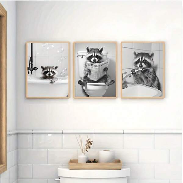 Conjunto de 3 impressões de arte de parede em tela de guaxinim - tema animal moderno Art Déco, pôsteres contemporâneos em preto e branco com orientação de retrato para banheiro, quarto, decoração de sala de estar, decoração suspensa interna sem moldura