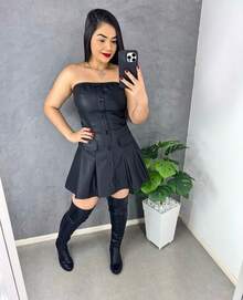 Women's Faux Leather Dress And Jacket Set - 黑色 - 查看 2