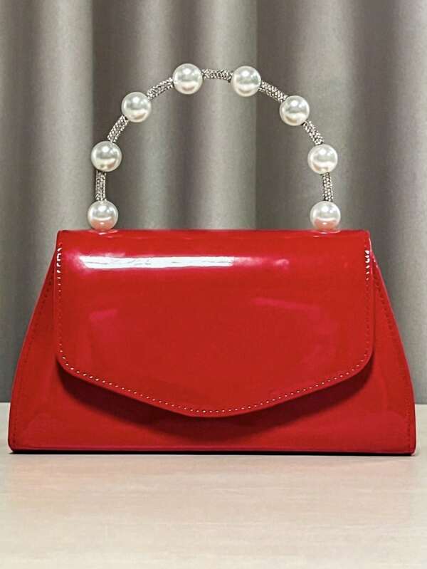 Glossy Patent Leather Pearl Handle Women Shoulder Bag, Elegant Small Square Purse, Evening Bag, Available In Red And White, Suitable For Women's Evening Party, Wedding