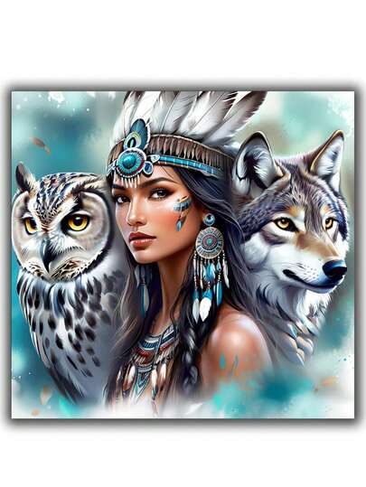 DIAMOND ART American Owl And Wolf Woman Diamond Painting Kit, Fun DIY Crafts For Adults, Round Diamond Art Canvas For Beginner Home Decor
