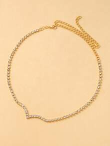 1pc Silver Simple V-Shaped Crystal Necklace, Party Accessory - Gold - View 6