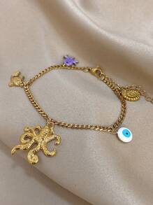 1Pc 18K Gold Plated Bohemia Ocean Octopus, Fish, Shell & Evil Eye Charms Bracelet For Women Girls, Fade-Resistant Stainless Steel Jewelry, Mom Gift, Teacher Gift, Summer Travel Beach Jewelry, Rave/Prom/Party/Daily Accessories, Back To School Gift, Birthday Gift, Pride Accessories