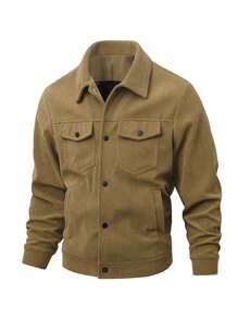 秋冬季新款灯芯绒夹克，男士时尚休闲纯色翻领外套，中青年百搭外套，抓绒材质