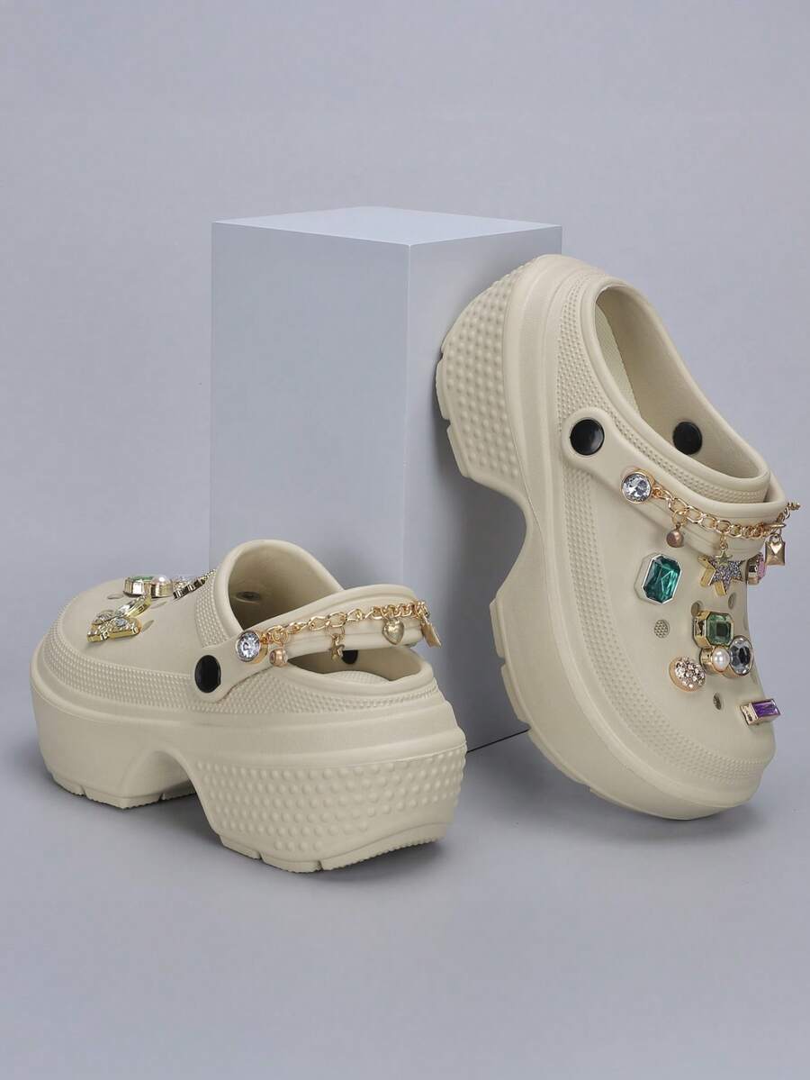 Revreal Black Platform Clogs With Colorful Rhinestone Charms And Chain Cute Bohemian Preppy College Resort Fashion Casual Outdoor - Beige - View 1