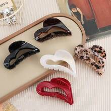 醋酸纤维爪夹法式镂空心形刘海发夹，女士优雅发夹，金色标签，桃心形，巧克力色，半圆形夹，鲨鱼鳍夹，新款发饰优雅发夹