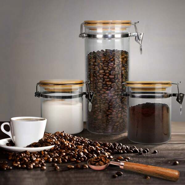 Borosilicate Glass Coffee Bean Airtight Container, Glass Airtight Can With Lock Lid, Used For Storing Coffee Beans, Nuts, Coffee Storage Cans, Airtight Lock Clip Lid, Airtight Can Set, Coffee Set With Spoon, Storage Container With Bamboo Lid, Coffee Utensils, Coffee Enthusiast Gifts, Birthday Gifts