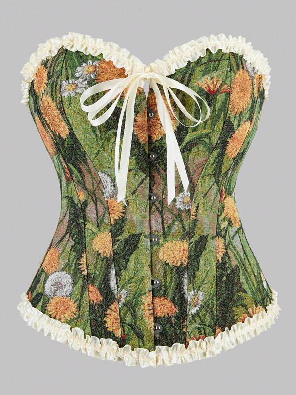 1 pièce Nouveau Top de corset ajusté pour femmes, entraîneur de taille matelassé à motif de pissenlit avec laçage au dos et fermeture par bouton à l'avant, pour usage décontracté en vacances pour l'été