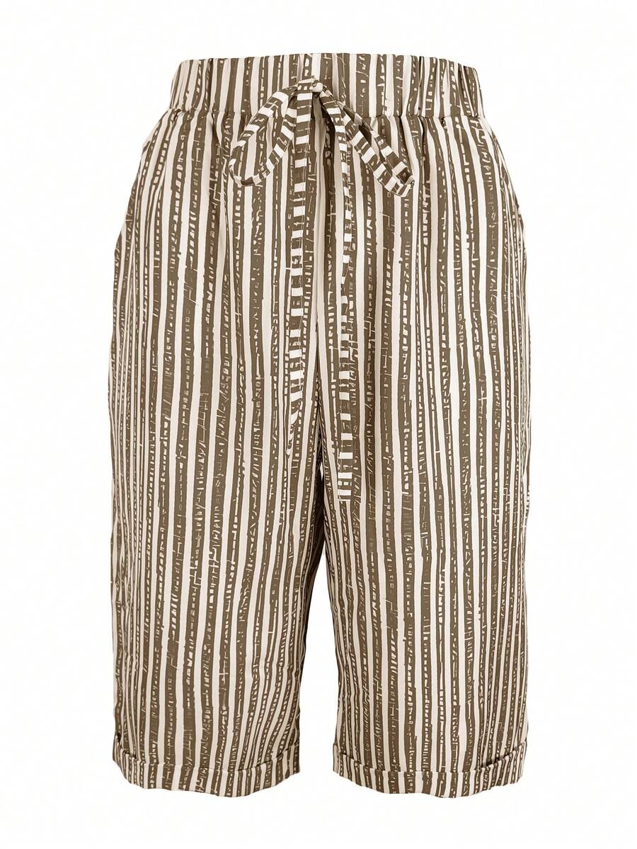 (Estampado no localizado) Pantalones cortos casuales hasta la rodilla con cordón, bolsillo y retorcido a rayas