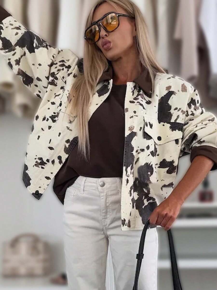 Women's Printed Lapel Button Casual Jacket - White - View 1