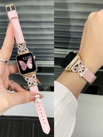 38mm-49mm Women's Genuine Leather Watch Band - Shiny Butterfly Metal Buckle, Ultra-Thin & Comfortable, Sweat-Resistant - Elegant & Fashionable Watch Strap, Suitable For Business/Date/Wedding/Party/Daily Wear - Lovely Gift For Her, High-Quality Replacement Watch Accessory