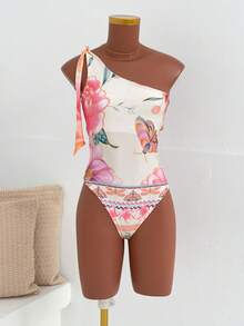 Women's Printed Macaw Bodysuit Summer  One-Shoulder Top With Single Strap - Summer Garden - View 1
