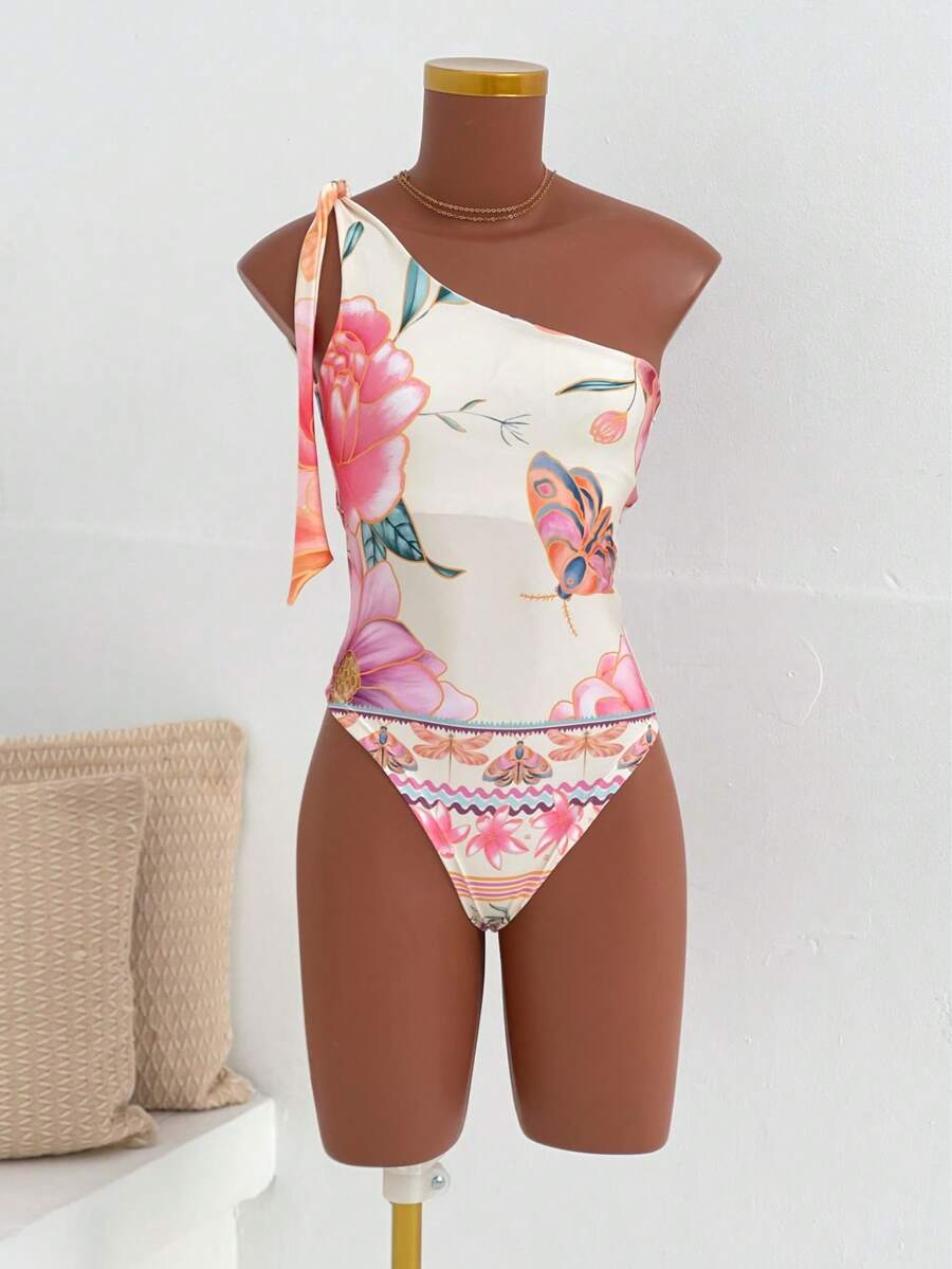 Women's Printed Macaw Bodysuit Summer One-Shoulder Top With Single Strap - Summer Garden - View 1
