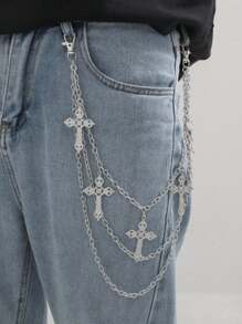 1件男士十字架吊坠多层金属时尚配饰，嘻哈朋克风格裤链，休闲、商务、送给男友、丈夫、父亲的男士礼物，日常佩戴、时尚、青少年、户外、度假、运动、旅行、街头、波西米亚风、复古秋季、万圣节秋冬配饰，适合青少年、青年、男士、休闲、户外、运动、度假、毕业礼物、生日、日常佩戴 - 銀色 - 查看 1