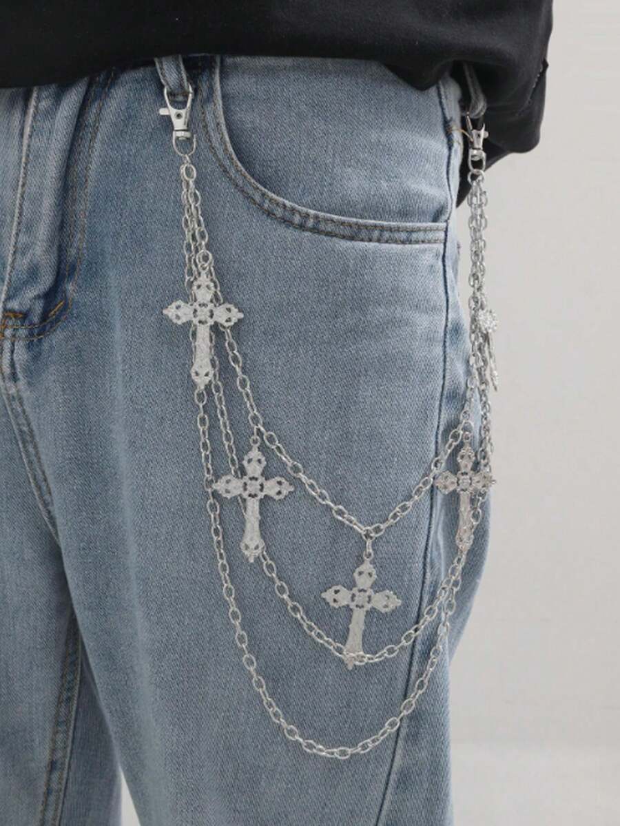 1件男士十字架吊坠多层金属时尚配饰，嘻哈朋克风格裤链，休闲、商务、送给男友、丈夫、父亲的男士礼物，日常佩戴、时尚、青少年、户外、度假、运动、旅行、街头、波西米亚风、复古秋季、万圣节秋冬配饰，适合青少年、青年、男士、休闲、户外、运动、度假、毕业礼物、生日、日常佩戴 - 銀色 - 查看 1