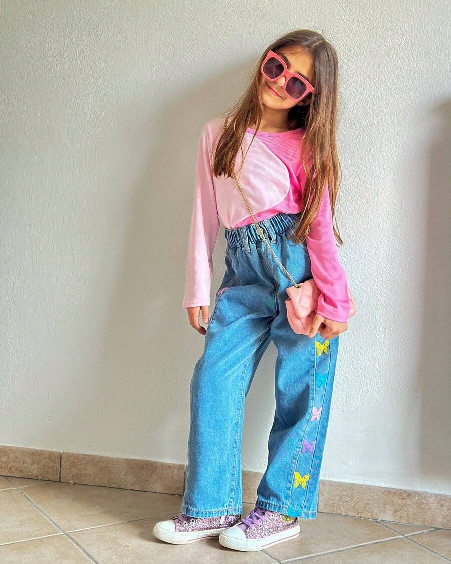 LONTAKIDS Girls Jeans Girls Clothing Butterfly Print Denim Elastic Wasit Wide Leg Pants Kids 7-16 Years