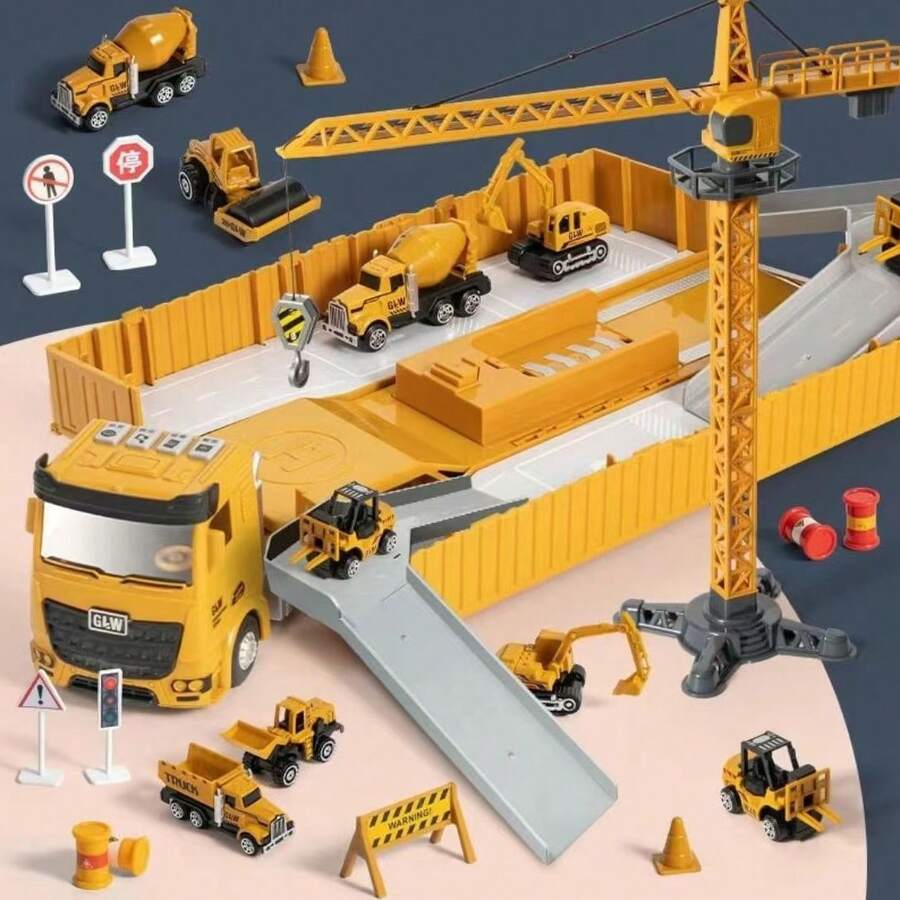 Camión contenedor para niños de gran tamaño, gran excavadora de ingeniería, grúa, juego de camión de juguete de aleación Juego de vehículos de ingeniería de juguete para niños: juego de simulación de obra de construcción con grúa excavadora y camión contenedor grande - Amarillo - Ver 1