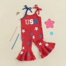 4th Fourth Of July Toddler Girl Outfit USA Romper Spaghetti Strap Bell Bottoms Jumpsuit Red And Blue Outfits Halloween Christmas New Year