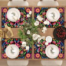 4pcs Mexican Flower Placemats For Dining Table, Floral Decoration Washable Table Mat, Home Decor, Holiday Supplies 32*42cm
