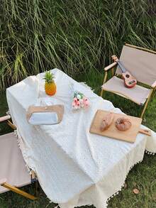 1pc Outdoor Picnic Tablecloth With Tassels, Elegant Dining Mat For Picnics & Outings, High-End Design