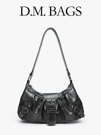 Y2K Women's Vintage Merlot Distressed Leather Motorcycle Bag With Rivets, Buckle Decor, Pleated Cloud Shoulder/Underarm Bag, Baguette Shaped Handbag, Suitable For Work, Commute, Date, Party, Halloween Purse Perfect For Fancy Party Halloween Fashion & Gothic Fashion