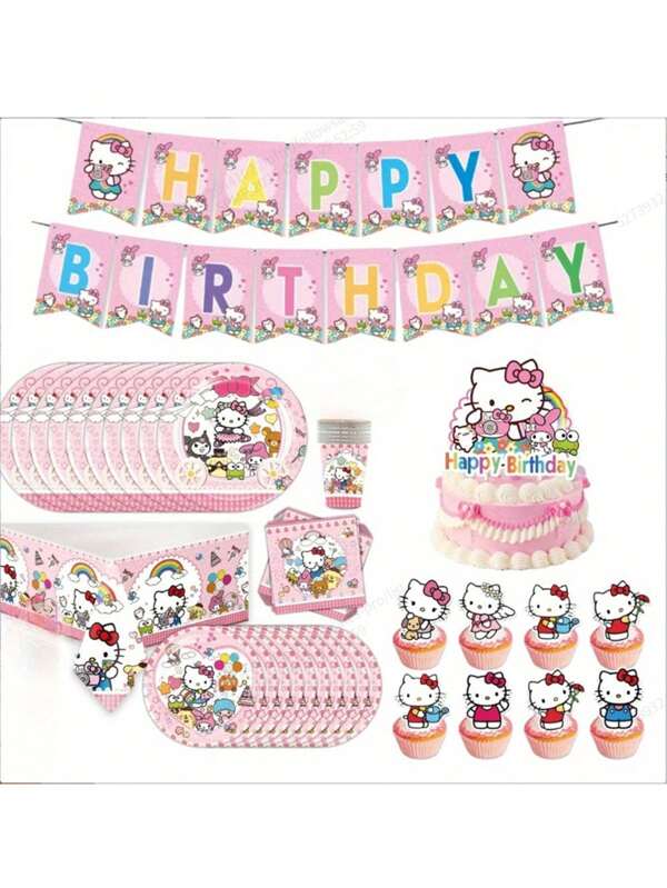 Sanrio 1 Set de decoraciones de fiesta de cumpleaños con temática de Hello Kitty, que incluye pancartas, decoraciones para pastel, vajilla desechable, platos de papel, servilletas, vasos, manteles y decoraciones de escenario, decoraciones para la familia Hello Kitty, fiestas escolares