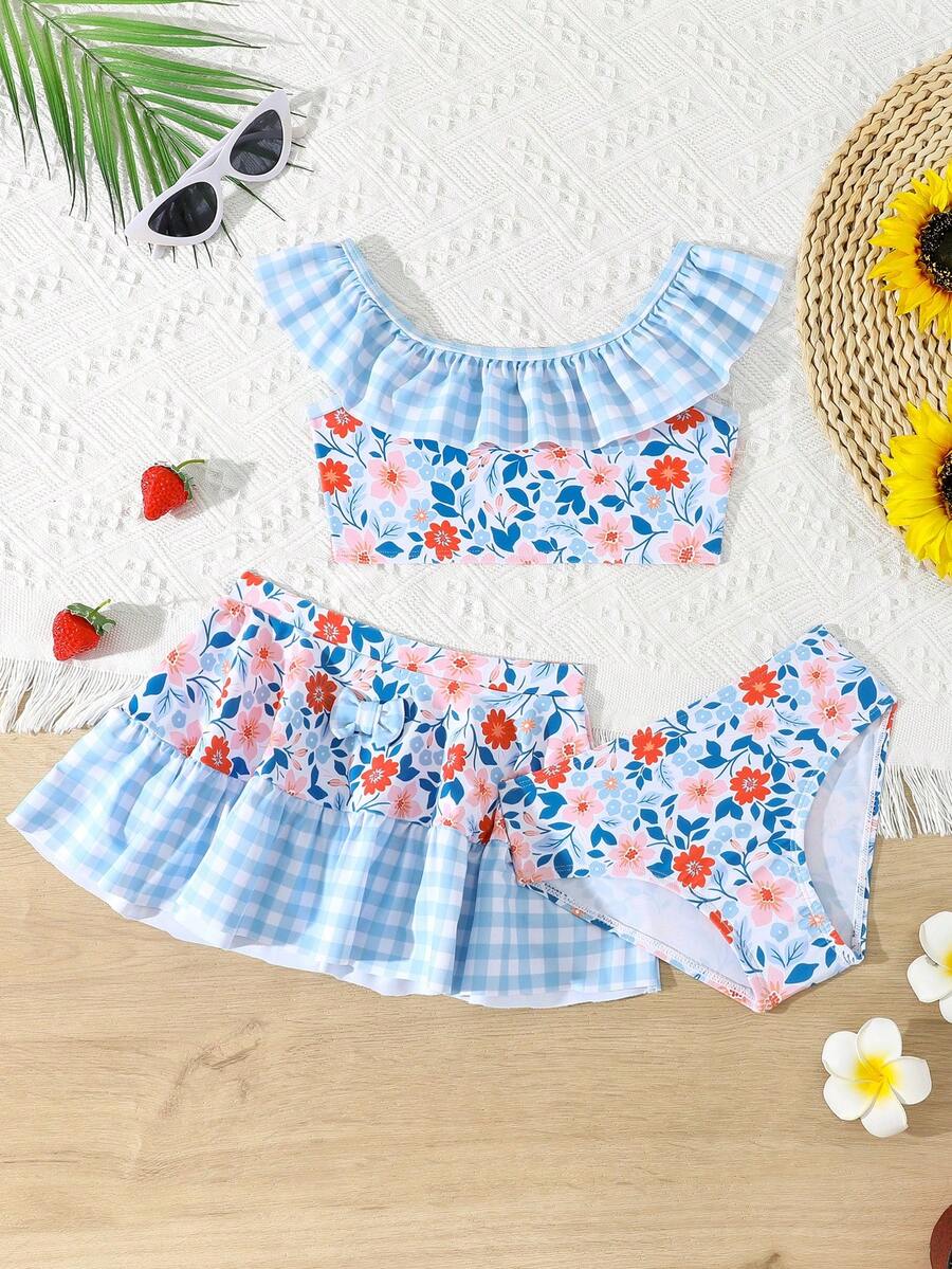 Blue Floral Print; Gingham Ruffle Trim Young Girls Beach Swimsuit Set - Multicolor - View 1