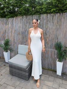 Melissa Matos Apricot Color Bandage Backless Floral Summer Knitted Bodycon Dress For Romantic Date Or Vacation