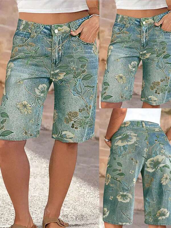 Set de 5 pantalones cortos de mezclilla con estampado integral elástico hasta la mitad del muslo para mujeres