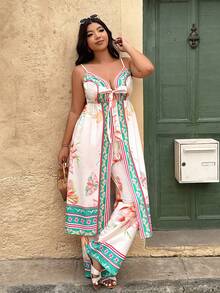 Plus Size Women Floral Print Camisole And Pants Suit - Multicolor - View 6