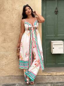 Plus Size Women Floral Print Camisole And Pants Suit