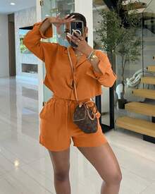 Women's High-Quality Solid Color Shirt Casual Street Sports Shorts 2-Piece Set - 橘色 - 查看 5