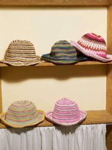 Joivida 1pc Rainbow Striped Hat, Women Vacation Outdoor Straw Woven Bucket Hat With Wide Brim, Small Head Size Style , Holiday Vacation Use, Summer Beach Vacation, Travel Essentials, Garden Use, Lightweight Spring/ Summer Supplies