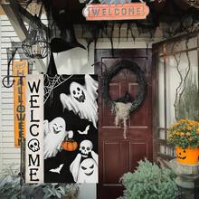 Welcome Halloween Garden Flag (30cm X 45cm/12inch X 18inch) Double Sided Burlap With Three White Ghost Boo Pumpkin Yard Flags. Suitable For Outdoor Terrace, Holiday, Outdoor Halloween Decoration