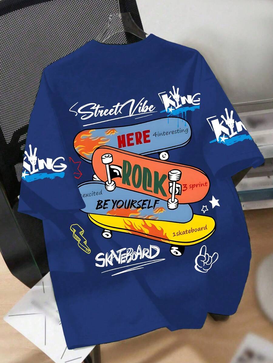 青少年男童滑板印花圆领T恤，夏季休闲柔软上衣 - 藍色 - 查看 1