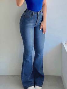 Women's Jeans, Slim Hip-Lifting American Bell Bottoms, Single-Breasted Design, Elastic Mid-Waist, Solid Color, Versatile, Elegant, Fashionable And Sexy, And Its New Daily Trousers In Autumn And Winter. - 深色水洗藍 - 查看 1