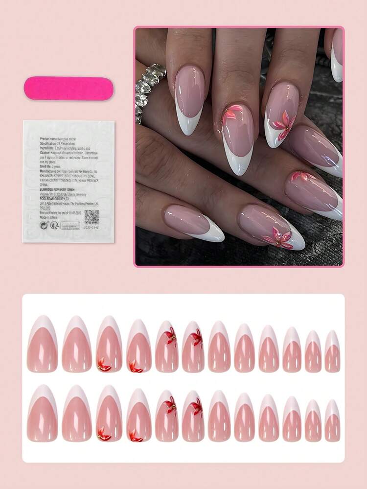 24 pièces Autocollants d'ongles de forme amande moyenne, manucure française blanche, motif floral, décoration de strass, style minimaliste, couverture complète, convient pour les ongles d'été des femmes et des filles, fournitures pour nail art. - Multicolore - Voir 2