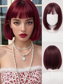 XYUNMI Sweet Berry Red Bob Wig Short Straight With Bangs 12 Inch Lightweight Breathable Women's Heat Resistant Synthetic Wig For Daily Wear Party Role Play Beautiful Natural Lively Cute Short Hair