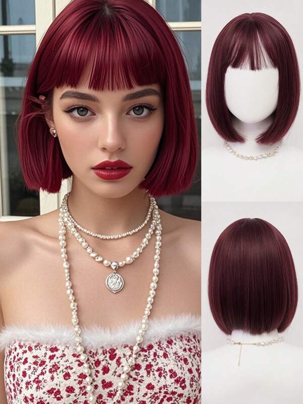 XYUNMI Sweet Berry Red Bob Wig Short Straight With Bangs 12 Inch Lightweight Breathable Women's Heat Resistant Synthetic Wig For Daily Wear Party Role Play Beautiful Natural Lively Cute Short Hair