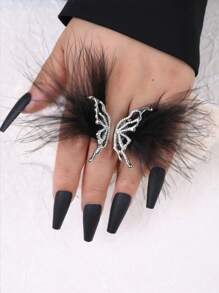 1 pieza Anillo abierto con diseño de mariposa con pluma blanca angelical y strass, estilo nupcial