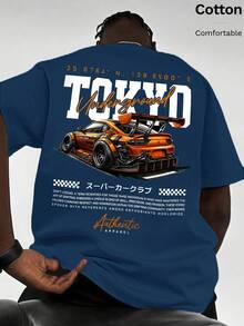 Camiseta de algodón acanalado para hombre, estampado del club de superdeportivos, ropa deportiva de estilo universitario para primavera y verano, camiseta de manga corta azul vaquera suave y transpirable para hombre. - Azul vaquero - Ver 1