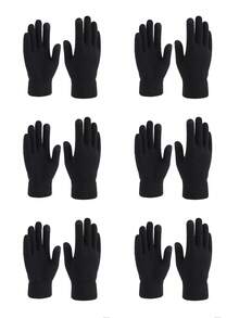 1双/6双冬季保暖防风双层针织手套，可触摸屏，保暖内衬，黑色 - 黑色 - 查看 9