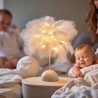 1pc Pink & White Feather Decor Night Light, Warm Atmosphere Lamp, Cute Style For Baby Room, Home Decor, LED Mood Lighting For Bedroom, Party