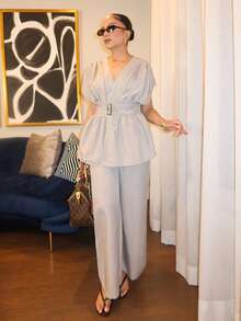 Melissa Matos Set elegant minimalist, elegant, din fibră de bambus, cu decolteu în V, cu talie strânsă și pantaloni cu talie înaltă și croială dreaptă, pentru birou, casual, de vară