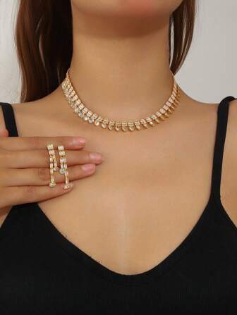 3 pièces Ensemble de bijoux de luxe pour femmes, collier + boucles d'oreilles en cristal zircone, élégant et , convient pour les fêtes, les bals, les vacances