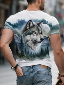 Herr 3D Wolf Graphic Rundringad Kortärmad T-shirt, Avslappnad Sommarkläder - Vitt - Visa 2