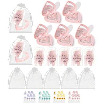 5 Sets Bridal Shower Gift Packaging Set - Includes 5 Heart-Shaped Mirror Plastic Compacts, 5 Thank You Cards, And 5 Organza Bags. Perfect For Spa, Sleepover, Birthday, Bachelorette Party, And Bridal Party Supplies. Suitable For Spring, Summer, Fall, And Winter Celebrations