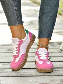 Damskie trampki sznurowane z okrągłym noskiem i kolorowym blokiem, płócienne buty szkolne na co dzień, wiosna i jesień