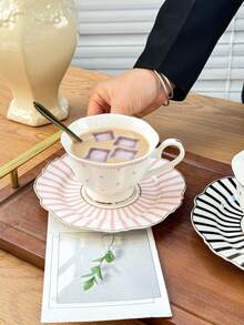 1pc Luxury Polka Dot Coffee Cup And Saucer Set, Classic Striped Polka Dot English Afternoon Tea Cup And Saucer, Ceramic Material, High-Temperature Painting Craft, Nordic Style, Minimalist, Creative, Mug/Coffee Cup/Afternoon Tea Cup - Multicolor - View 8